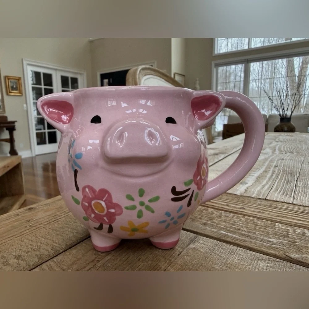 Charming Pink Pig Ceramic Mug with Floral Design